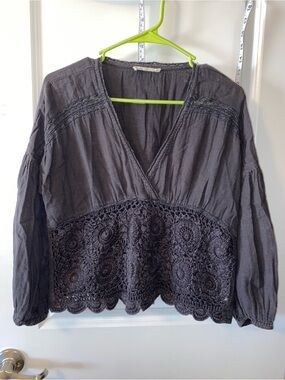 Lucky Brand Cotton Long Sleeve V-Neck Blouse Charcoal Gray